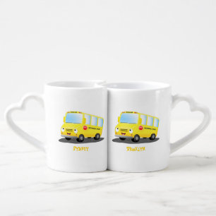 Cute happy yellow school bus cartoon coffee mug set