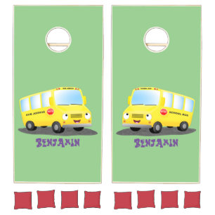 Cute happy yellow school bus cartoon cornhole set