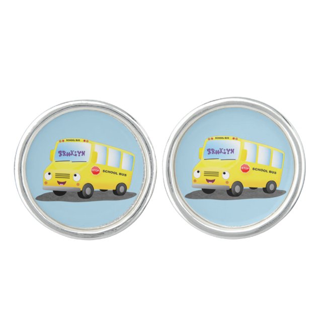 Cute happy yellow school bus cartoon cufflinks (Front)