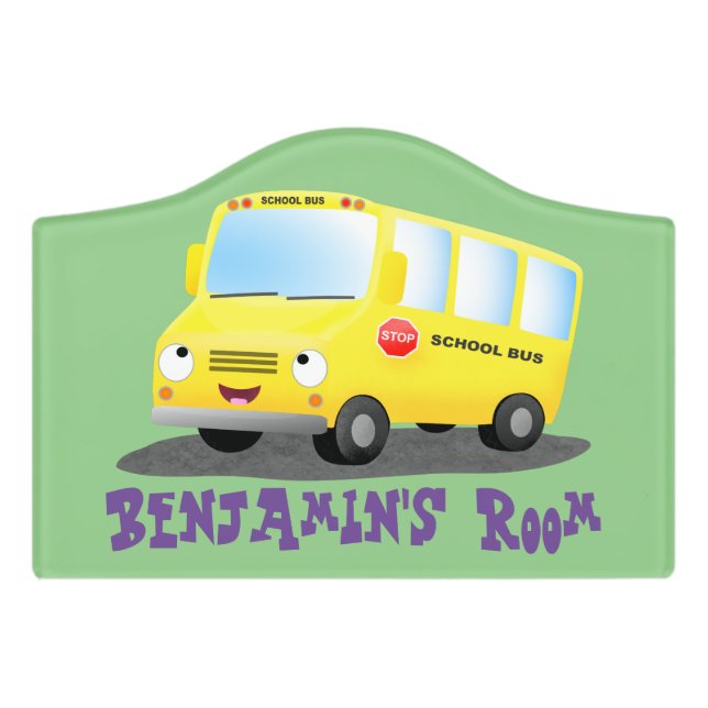 Cute happy yellow school bus cartoon door sign (Small Crest Front)