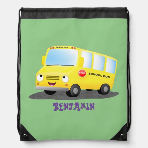 Cute happy yellow school bus cartoon drawstring bag