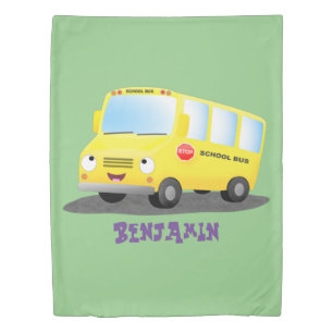 Cute happy yellow school bus cartoon duvet cover