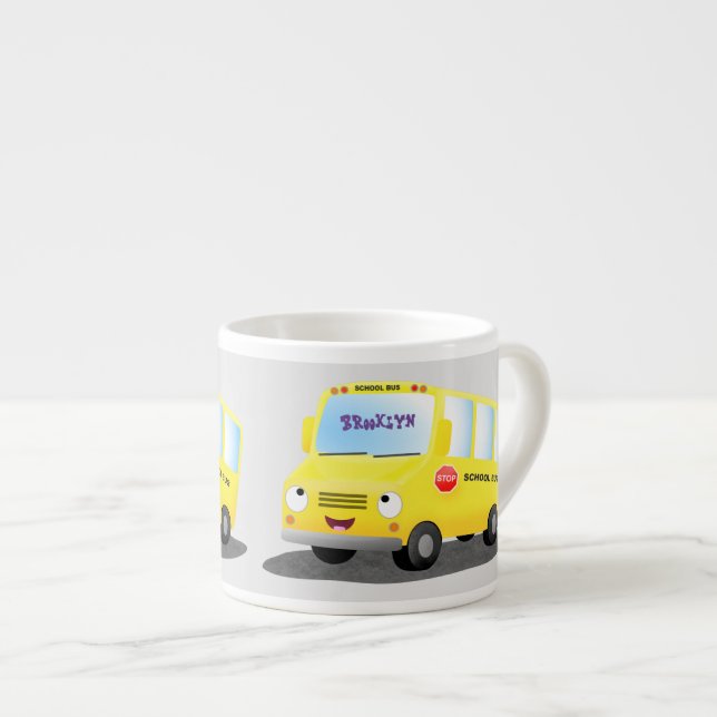 Cute happy yellow school bus cartoon espresso cup (Front Right)