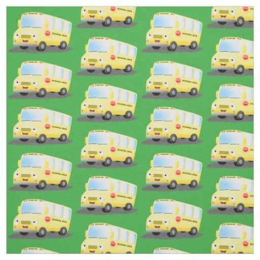 Cute happy yellow school bus cartoon fabric