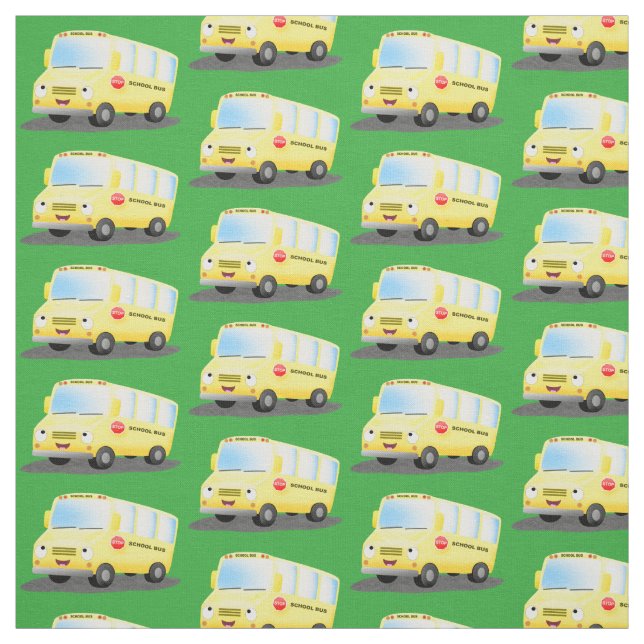 Cute happy yellow school bus cartoon fabric (Swatch)