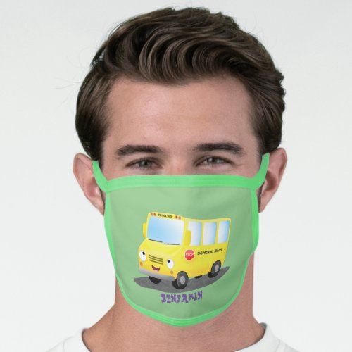 Cute happy yellow school bus cartoon face mask