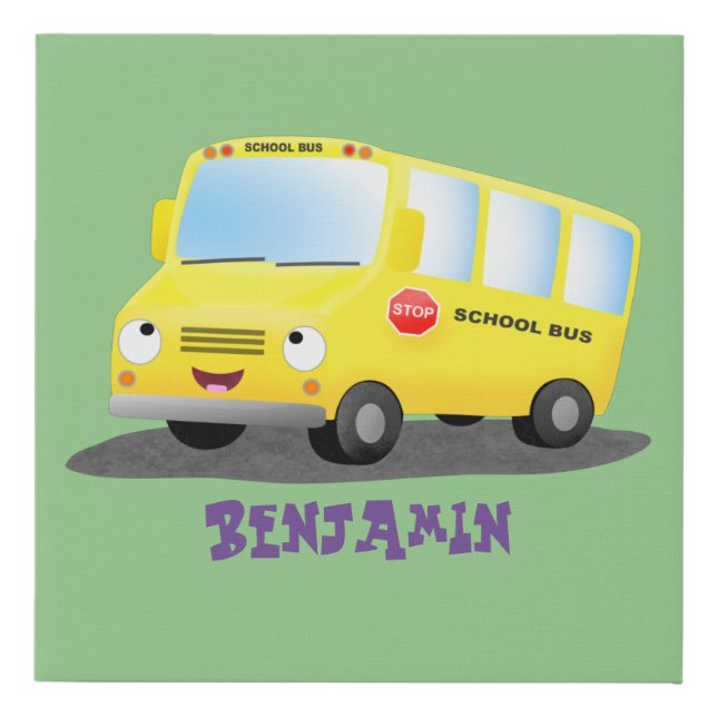 Cute happy yellow school bus cartoon faux canvas print (Front)