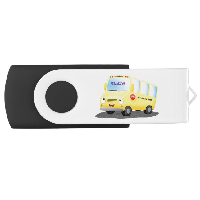 Cute happy yellow school bus cartoon flash drive (Front)
