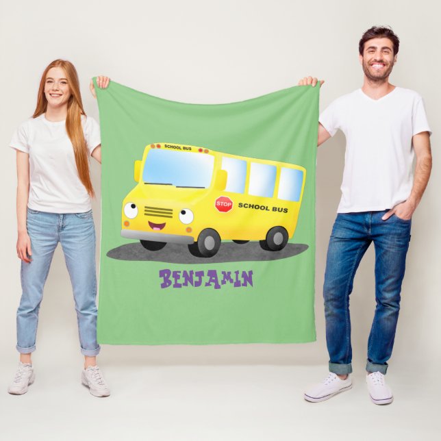 Cute happy yellow school bus cartoon fleece blanket (In Situ)