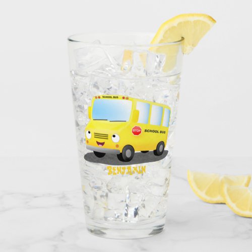 Cute happy yellow school bus cartoon  glass