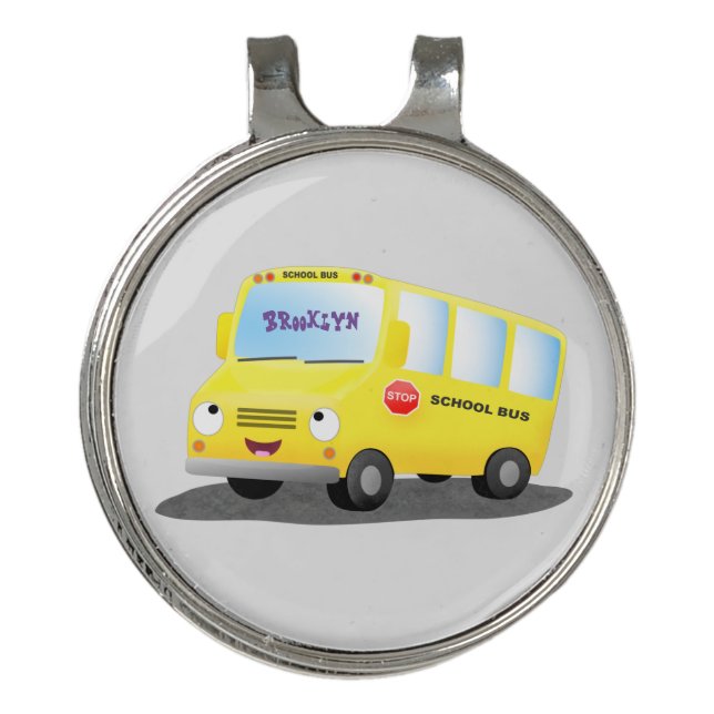Cute happy yellow school bus cartoon golf hat clip (Front)