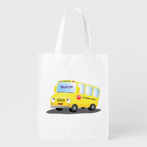 Cute happy yellow school bus cartoon grocery bag