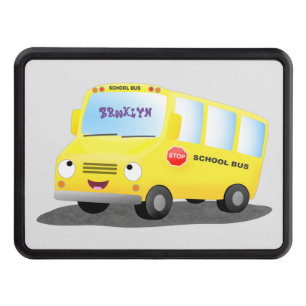 Cute happy yellow school bus cartoon hitch cover