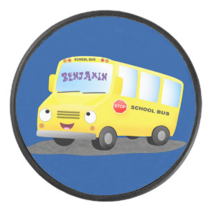 Cute happy yellow school bus cartoon hockey puck