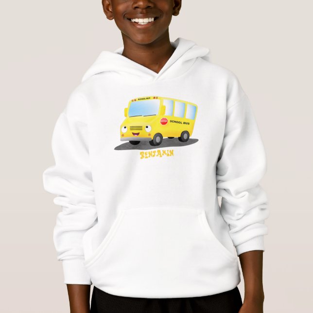Cute happy yellow school bus cartoon hoodie (Front)