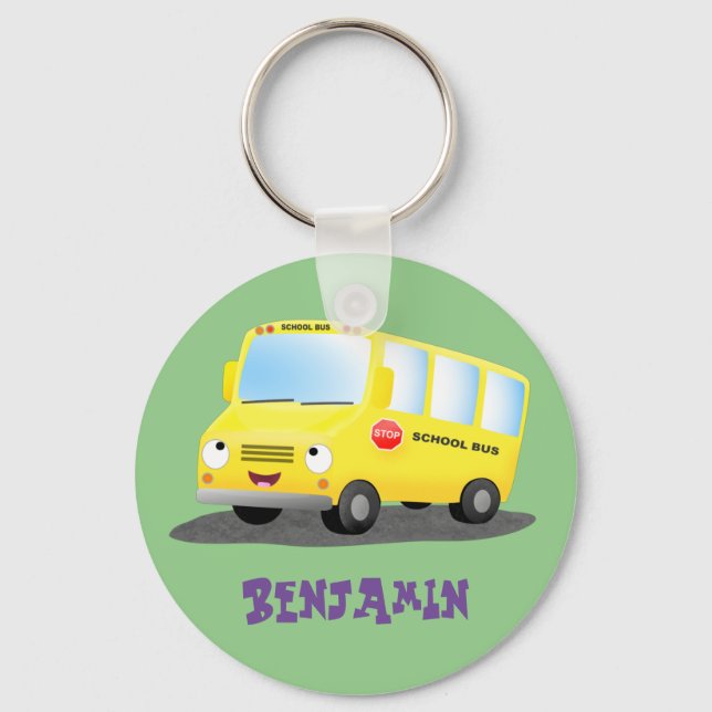 Cute happy yellow school bus cartoon keychain (Front)
