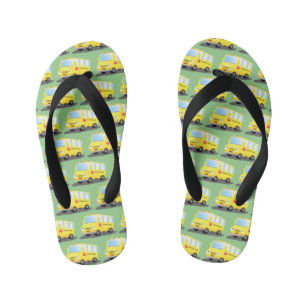 Cute happy yellow school bus cartoon kid's flip flops
