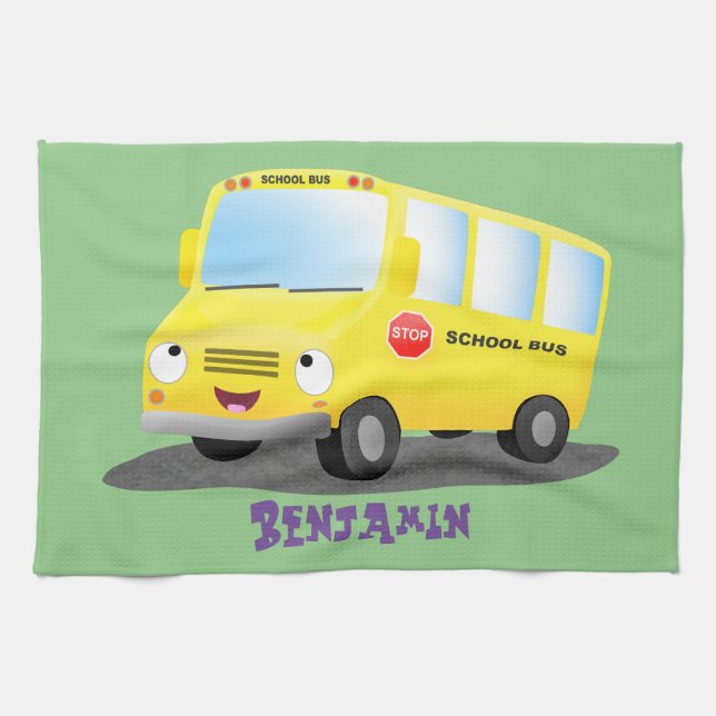 Cute happy yellow school bus cartoon kitchen towel (Horizontal)