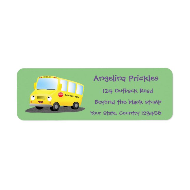 Cute happy yellow school bus cartoon label (Front)
