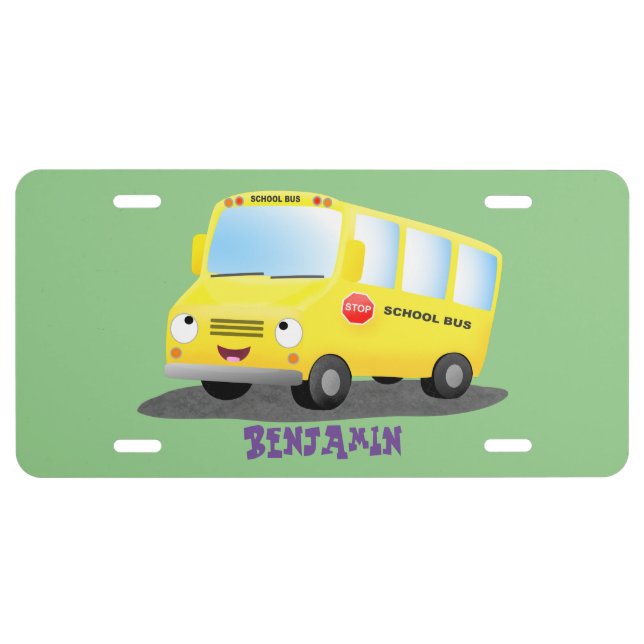 Cute happy yellow school bus cartoon license plate (Front)