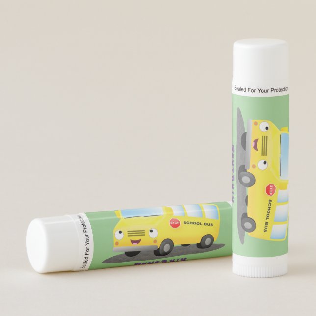 Cute happy yellow school bus cartoon lip balm (Front)