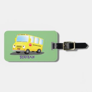 Cute happy yellow school bus cartoon luggage tag
