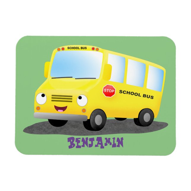 Cute happy yellow school bus cartoon magnet (Horizontal)