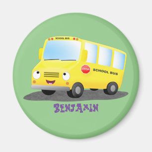 Cute happy yellow school bus cartoon magnet