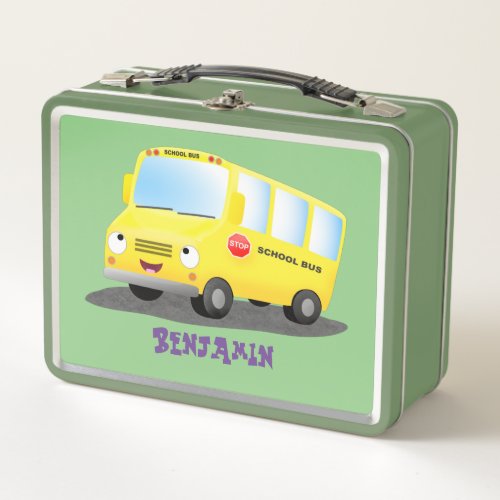 Cute happy yellow school bus cartoon metal lunch box