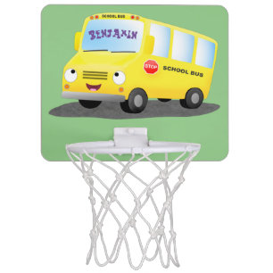 Cute happy yellow school bus cartoon mini basketball hoop