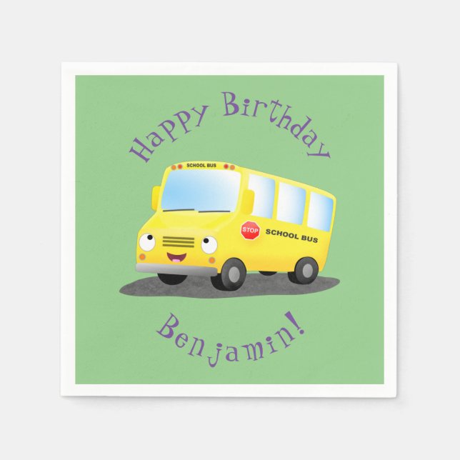 Cute happy yellow school bus cartoon napkins (Front)