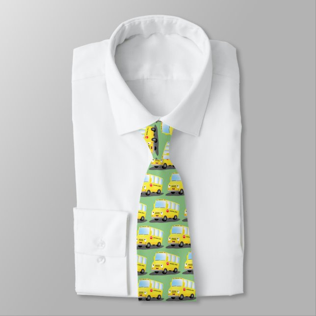 Cute happy yellow school bus cartoon neck tie (Tied)