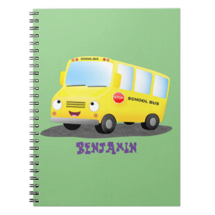 Cute happy yellow school bus cartoon notebook