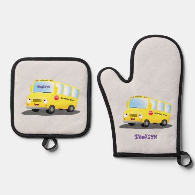 Cute happy yellow school bus cartoon oven mitt & pot holder set (Front)