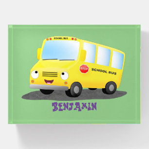 Cute happy yellow school bus cartoon paperweight