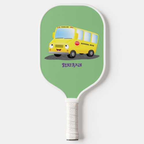 Cute happy yellow school bus cartoon pickleball paddle