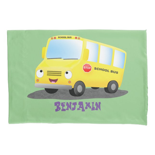 Cute happy yellow school bus cartoon pillow case (Front)