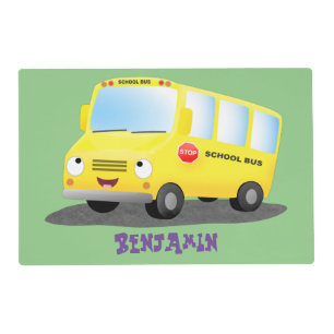 Cute happy yellow school bus cartoon placemat