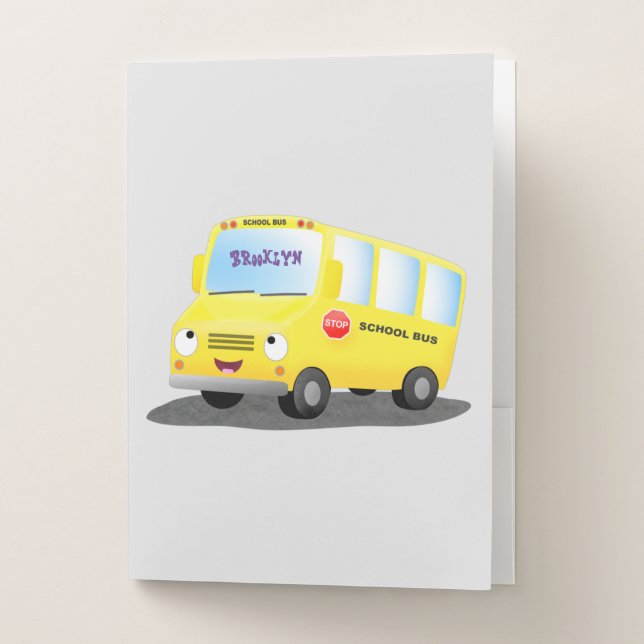 Cute happy yellow school bus cartoon pocket folder (Front)