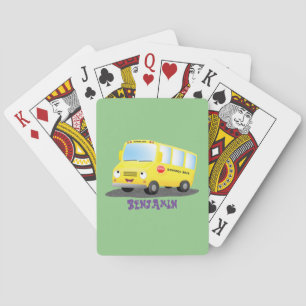 Cute happy yellow school bus cartoon  poker cards