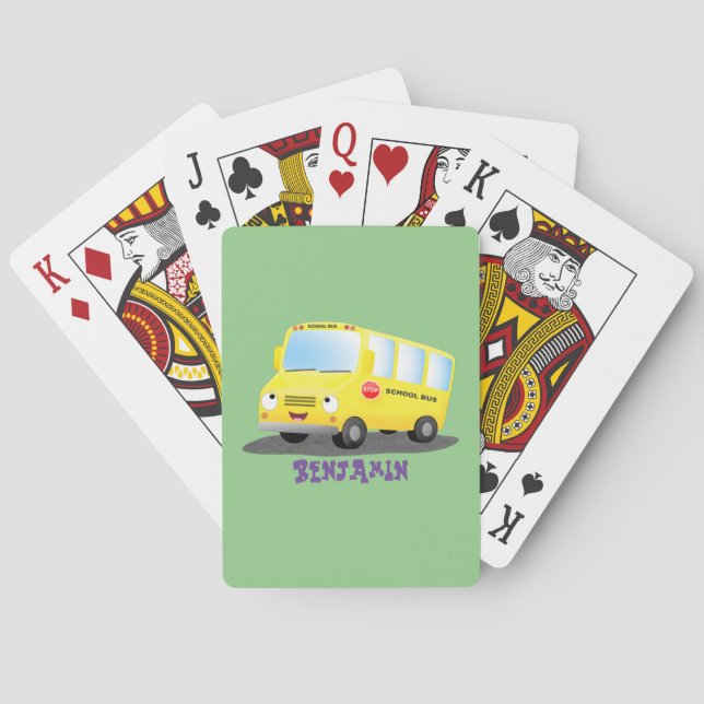 Cute happy yellow school bus cartoon  poker cards (Back)