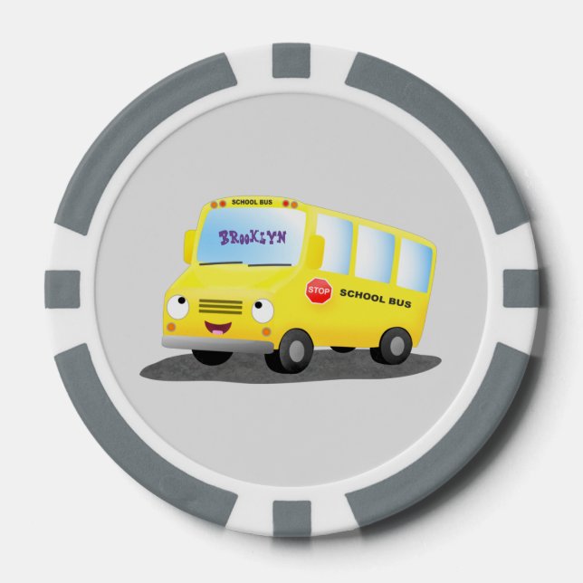 Cute happy yellow school bus cartoon poker chips (Front)