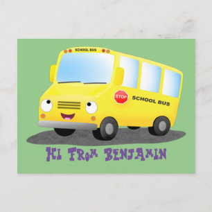 Cute happy yellow school bus cartoon postcard