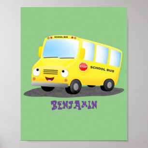 Cute happy yellow school bus cartoon poster