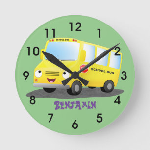 Cute happy yellow school bus cartoon round clock