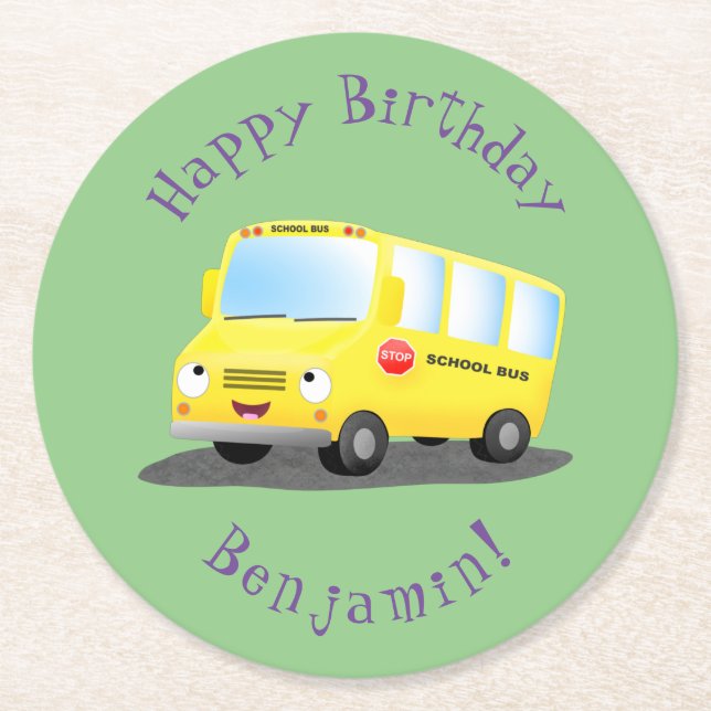 Cute happy yellow school bus cartoon round paper coaster (Front)