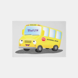 Cute happy yellow school bus cartoon rug