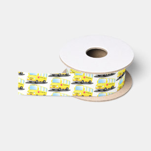 Cute happy yellow school bus cartoon satin ribbon