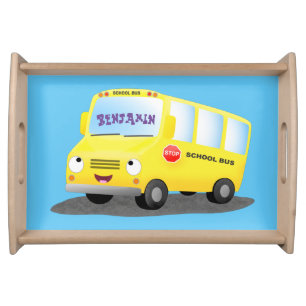 Cute happy yellow school bus cartoon serving tray