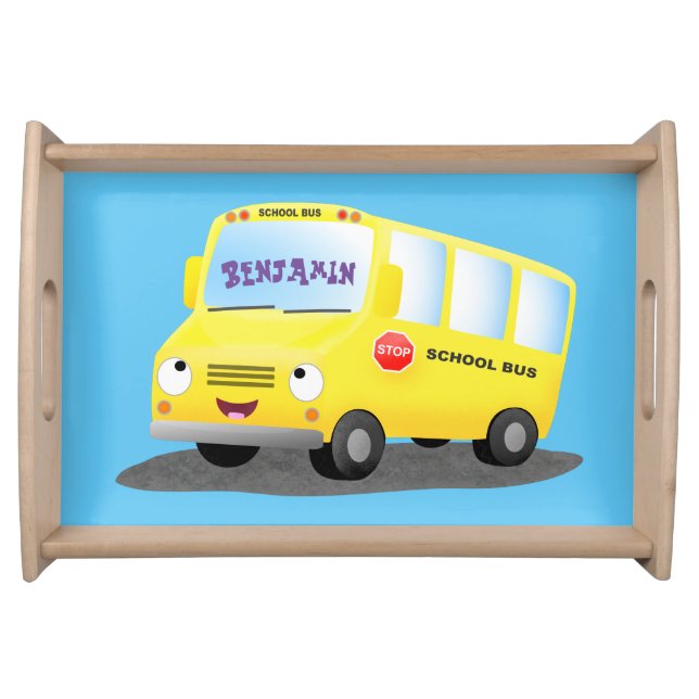 Cute happy yellow school bus cartoon serving tray (Front)